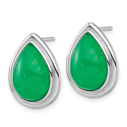 Sterling Silver Rhodium-plated Polished Pear-Shaped Dyed Jade Quartz Cabochon Post Earrings