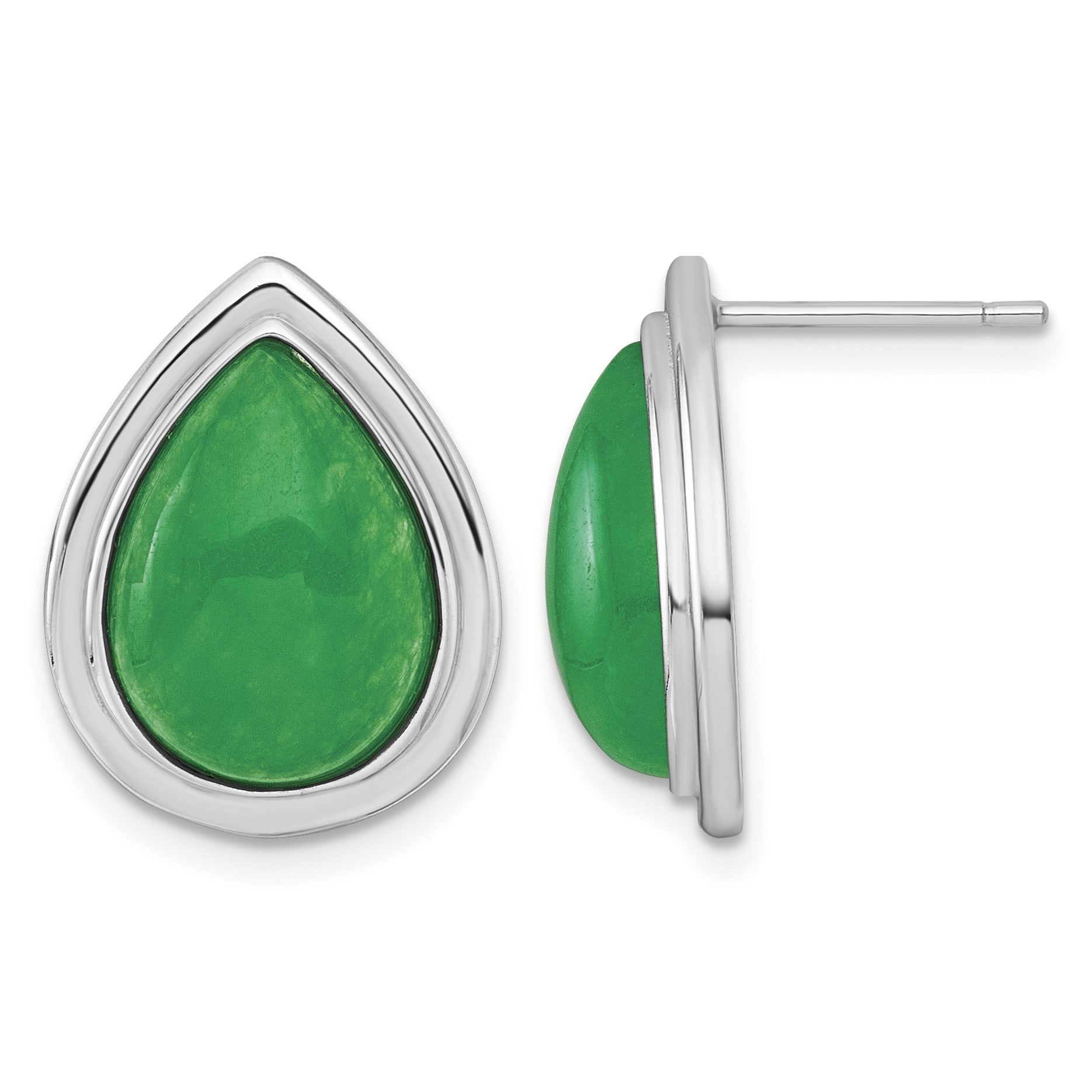 Sterling Silver Rhodium-plated Polished Pear-Shaped Dyed Jade Quartz Cabochon Post Earrings