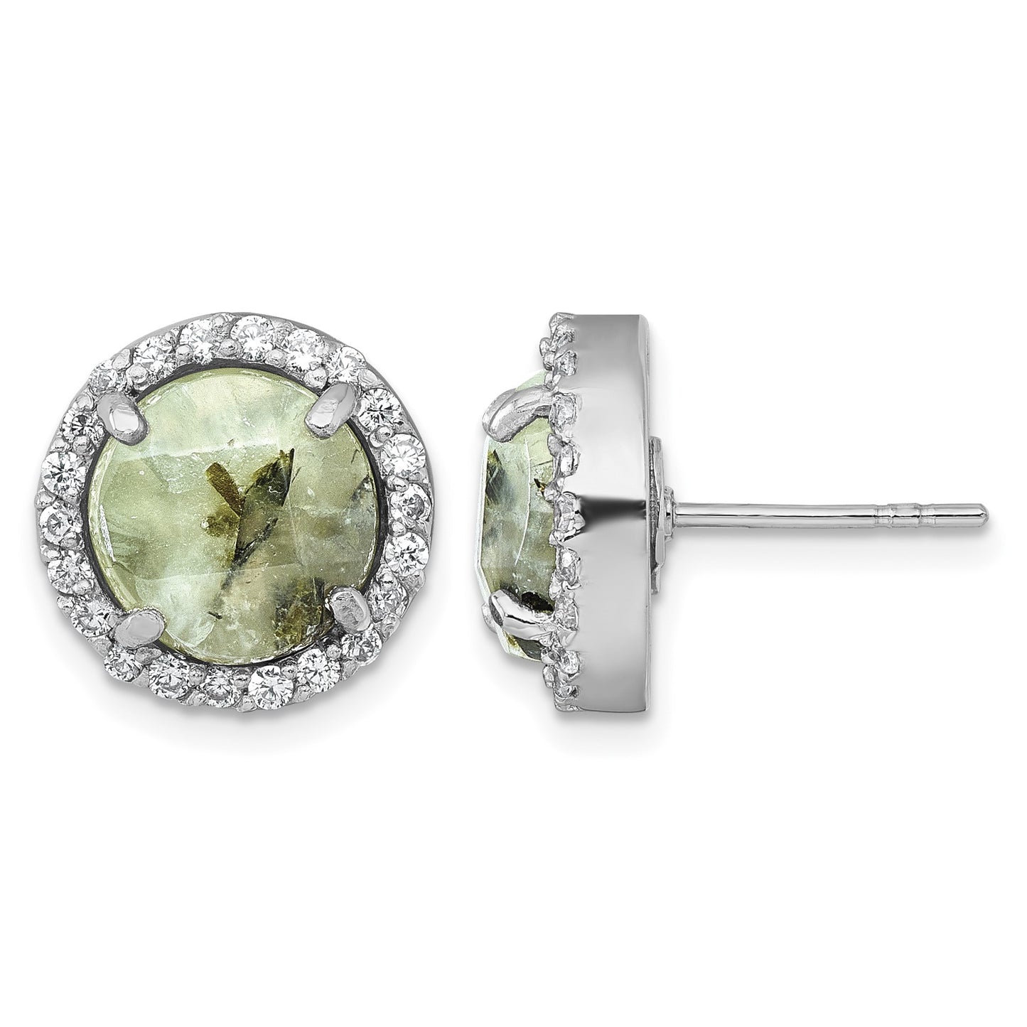 Sterling Silver Rhodium-plated Polished CZ Halo and Faceted Prehnite Circle Post Earrings