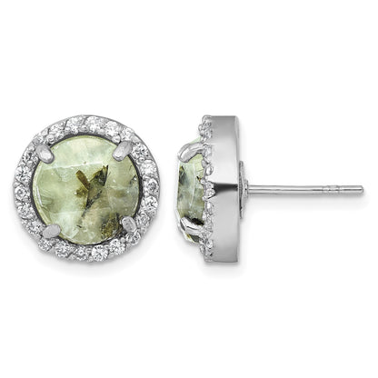 Sterling Silver Rhodium-plated Polished CZ Halo and Faceted Prehnite Circle Post Earrings