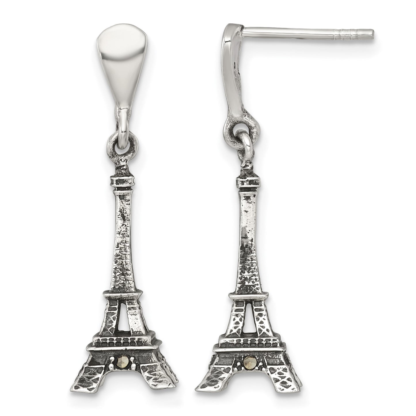 Sterling Silver Antiqued Marcasite 3-D Eiffel Tower Dangle Post Earrings