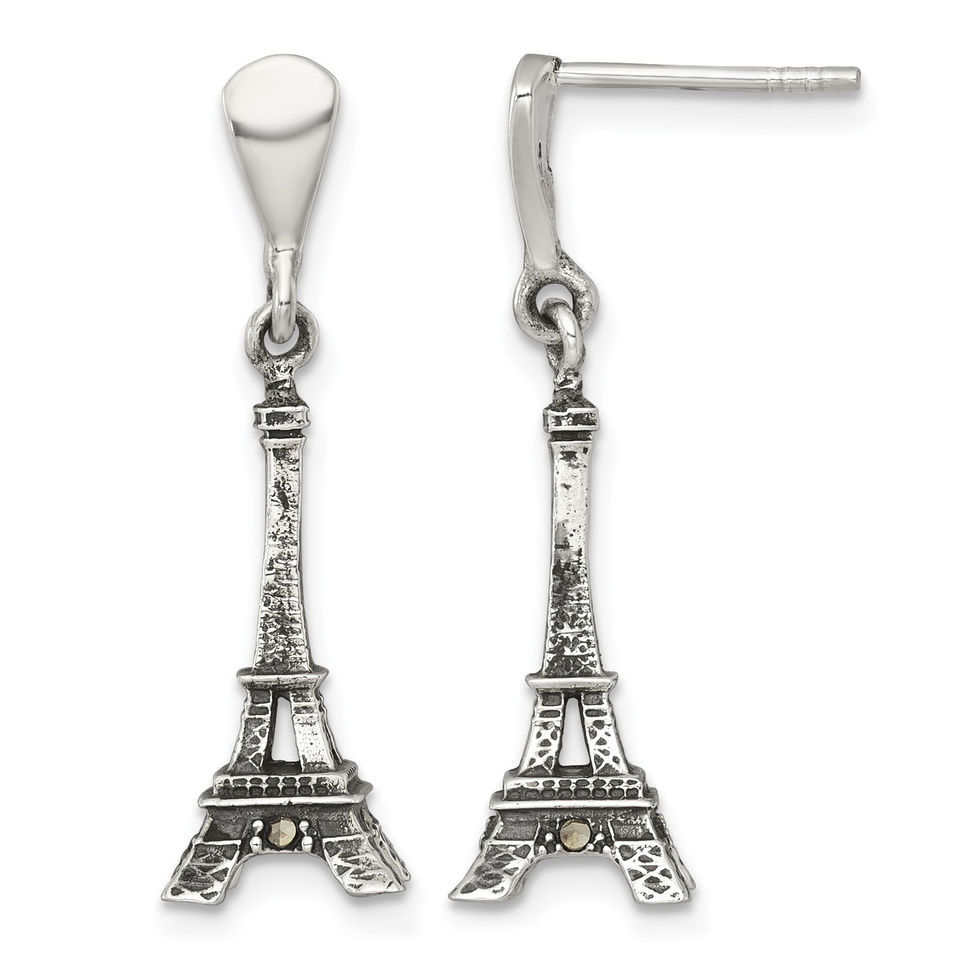 Sterling Silver Antiqued Marcasite 3-D Eiffel Tower Dangle Post Earrings