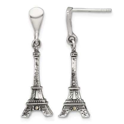 Sterling Silver Antiqued Marcasite 3-D Eiffel Tower Dangle Post Earrings