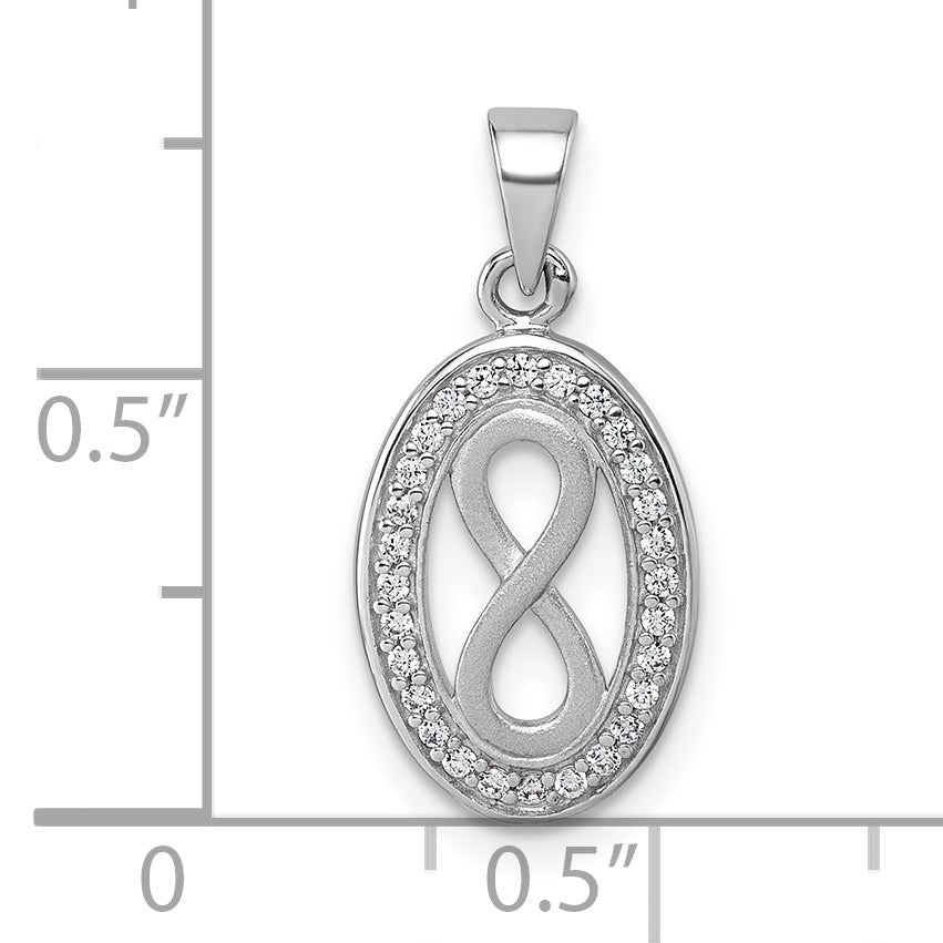 Sterling Silver Rhodium-plated Polished and Satin CZ Infinity Oval Pendant