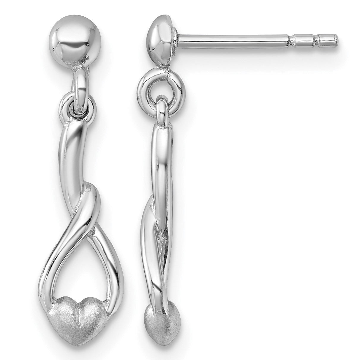 Sterling Silver Rhodium-plated Polished and Brushed Fancy Teardrop Heart Dangle Post Earrings