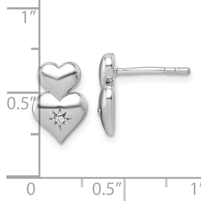 Sterling Silver Rhodium-plated Polished White CZ Double Heart Post Earrings