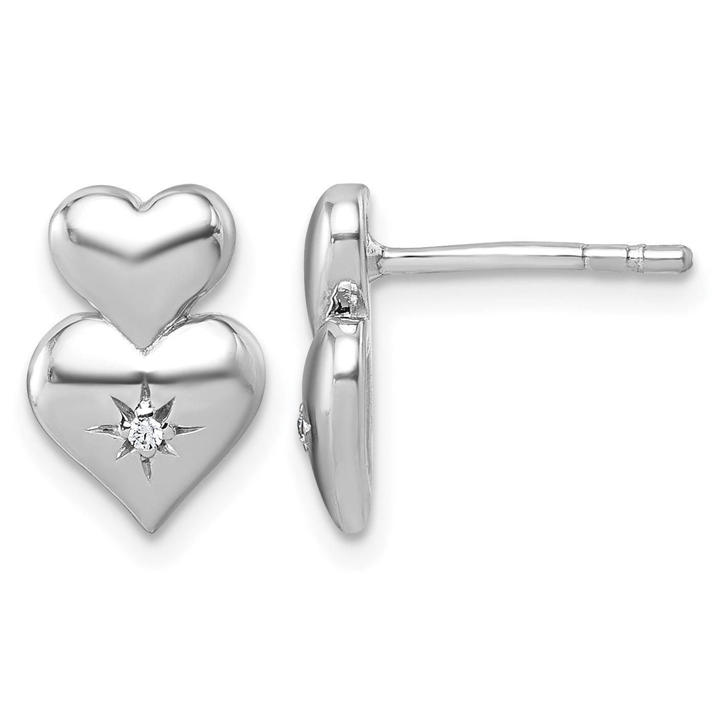 Sterling Silver Rhodium-plated Polished White CZ Double Heart Post Earrings