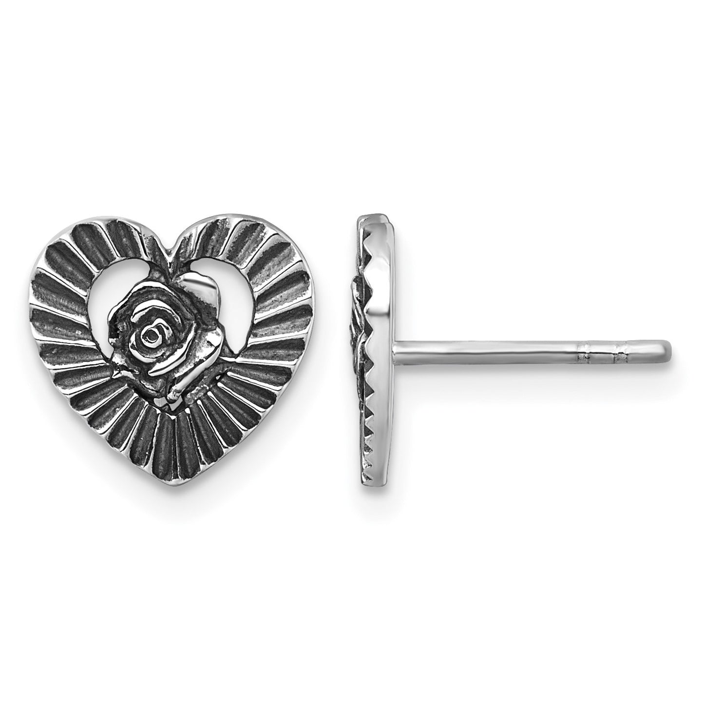 Sterling Silver Antiqued Polished Open Heart With Flower Post Earrings