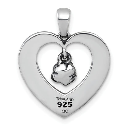 Sterling Silver Antiqued Polished Open Heart With Dangling Flower Pendant