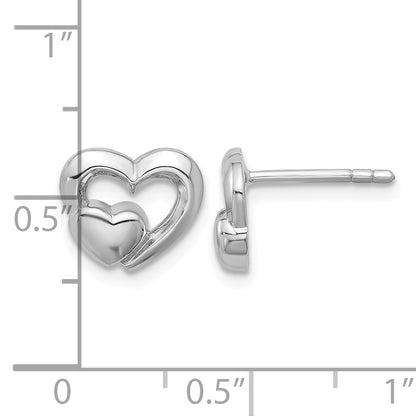 Sterling Silver Rhodium-plated Polished Heart Inside Heart Post Earrings