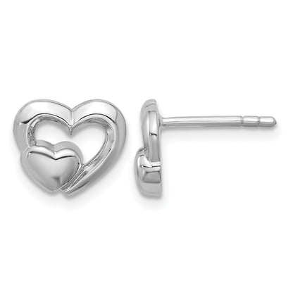 Sterling Silver Rhodium-plated Polished Heart Inside Heart Post Earrings