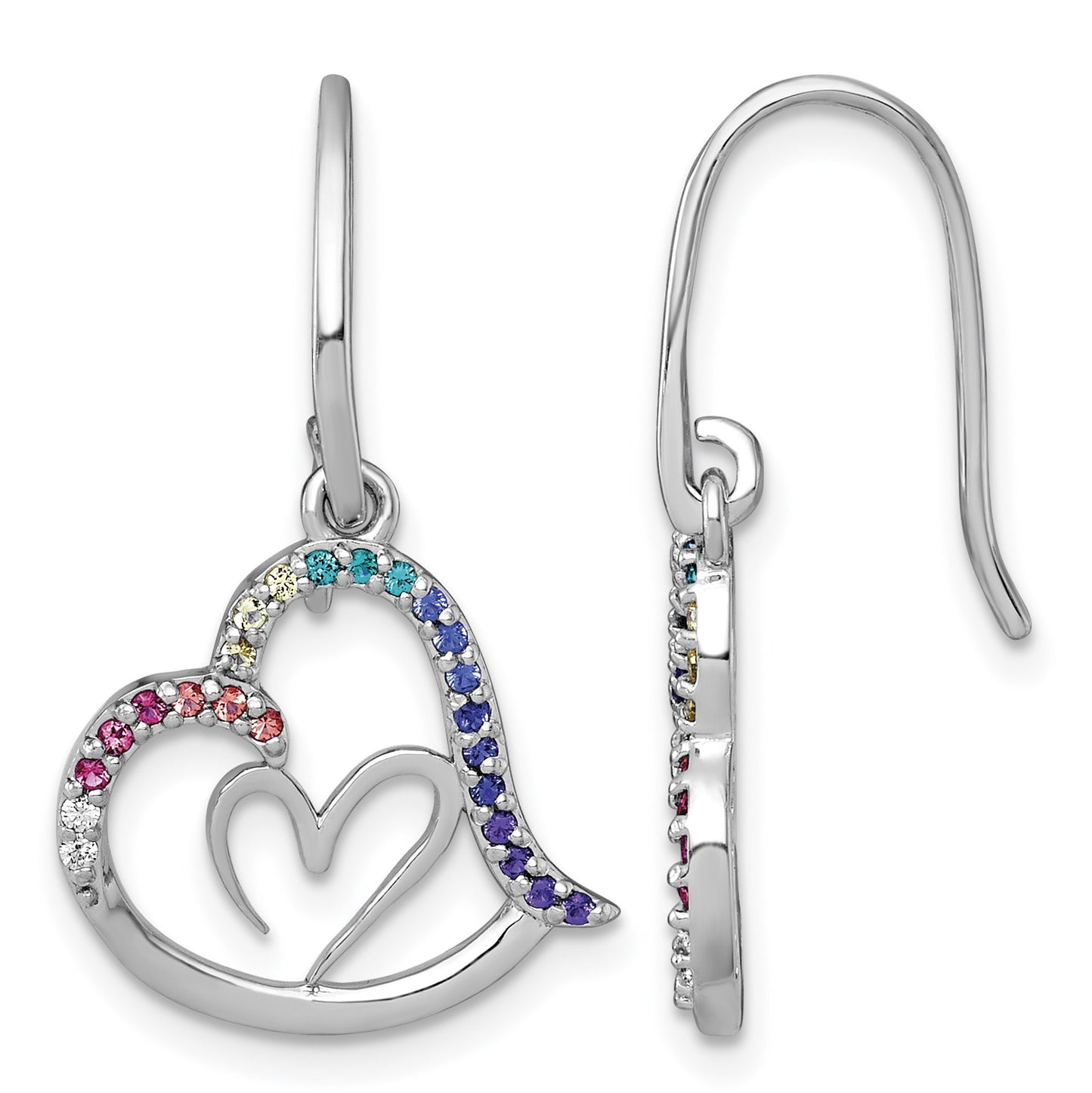 Sterling Silver Rhodium-plated Polished Rainbow Nano Crystals Double Heart Dangle Shepherd Hook Earrings