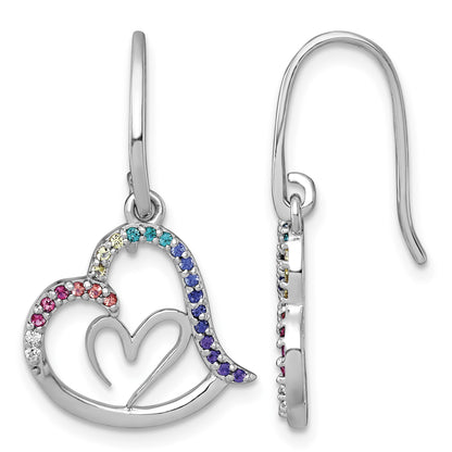Sterling Silver Rhodium-plated Polished Rainbow Nano Crystals Double Heart Dangle Shepherd Hook Earrings