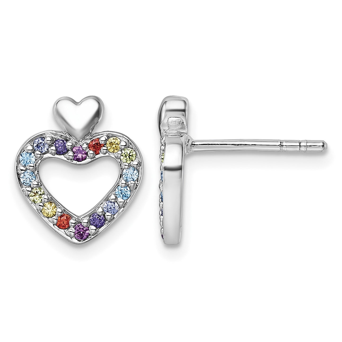 Sterling Silver Rhodium-plated Polished Rainbow CZ Double Heart Post Earrings