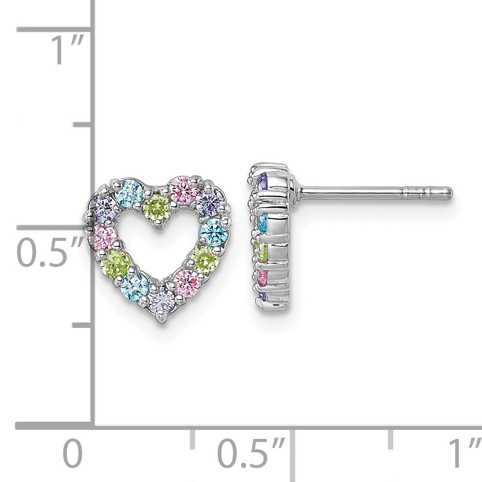 Sterling Silver Rhodium-plated Polished Pastel Blue, Pink, Green and Purple CZ Heart Post Earrings