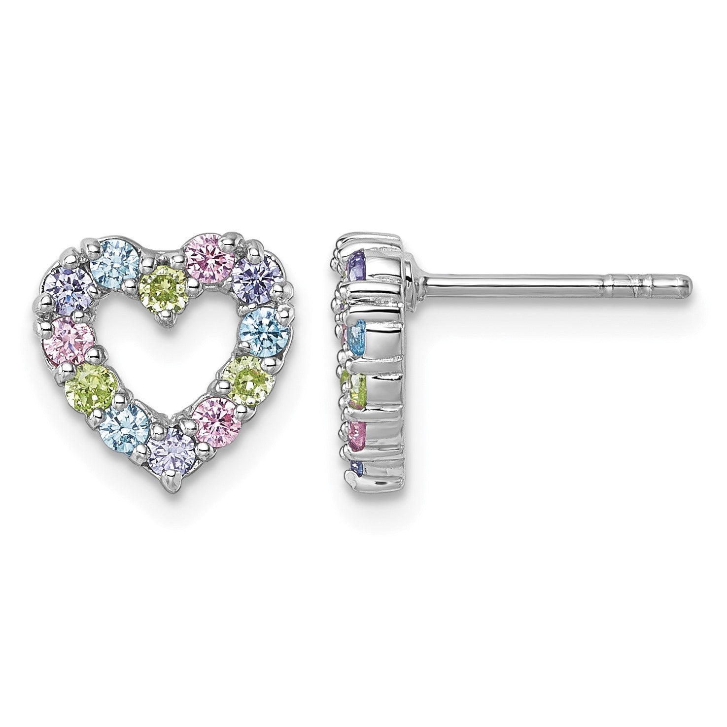 Sterling Silver Rhodium-plated Polished Pastel Blue, Pink, Green and Purple CZ Heart Post Earrings