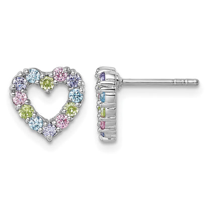 Sterling Silver Rhodium-plated Polished Pastel Blue, Pink, Green and Purple CZ Heart Post Earrings