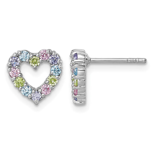 Sterling Silver Rhodium-plated Polished Pastel Blue, Pink, Green and Purple CZ Heart Post Earrings