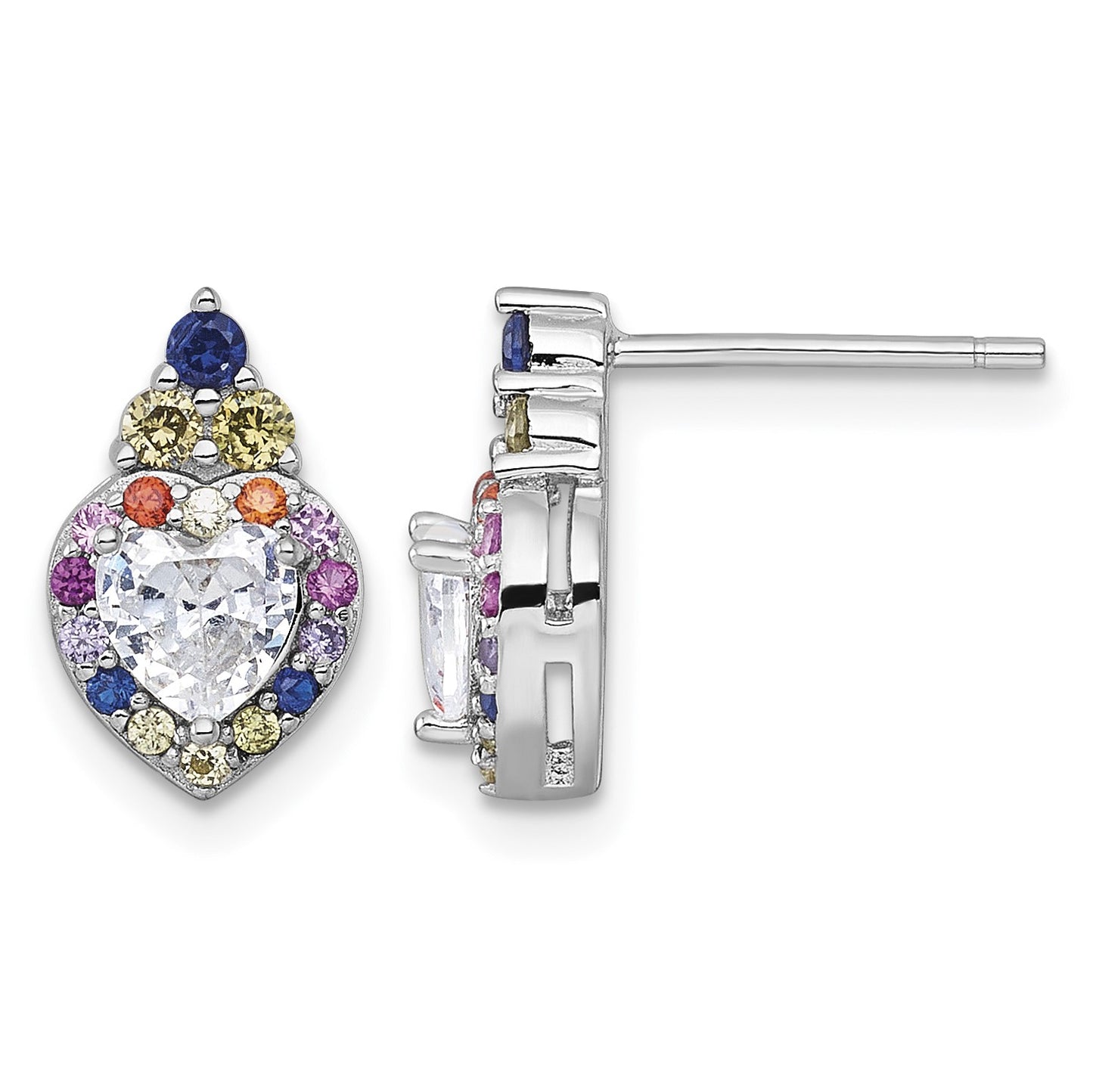 Sterling Silver Rhodium-plated Polished Multi-color Rainbow CZ Heart Halo Post Earrings