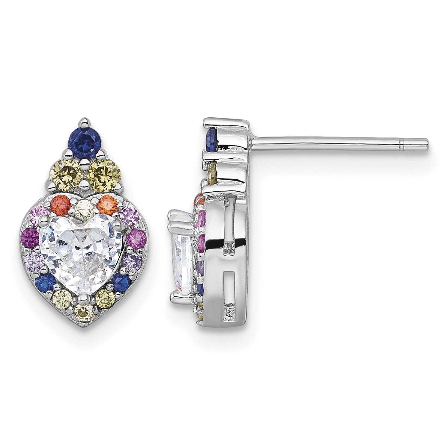 Sterling Silver Rhodium-plated Polished Multi-color Rainbow CZ Heart Halo Post Earrings