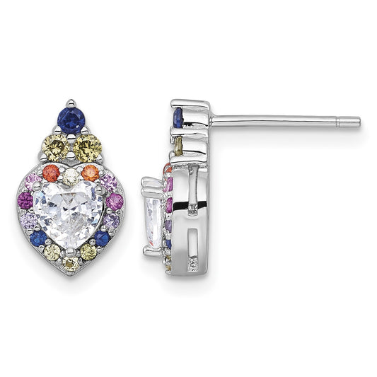 Sterling Silver Rhodium-plated Polished Multi-color Rainbow CZ Heart Halo Post Earrings