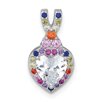 Sterling Silver Rhodium-plated Polished Multi-color Rainbow CZ Heart Halo Chain Slide Pendant