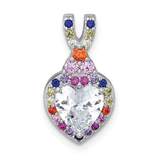 Sterling Silver Rhodium-plated Polished Multi-color Rainbow CZ Heart Halo Chain Slide Pendant