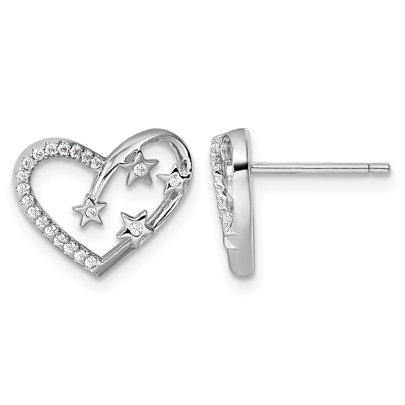 Sterling Silver Rhodium-plated CZ Polished Open Heart with Stars Post Earrings