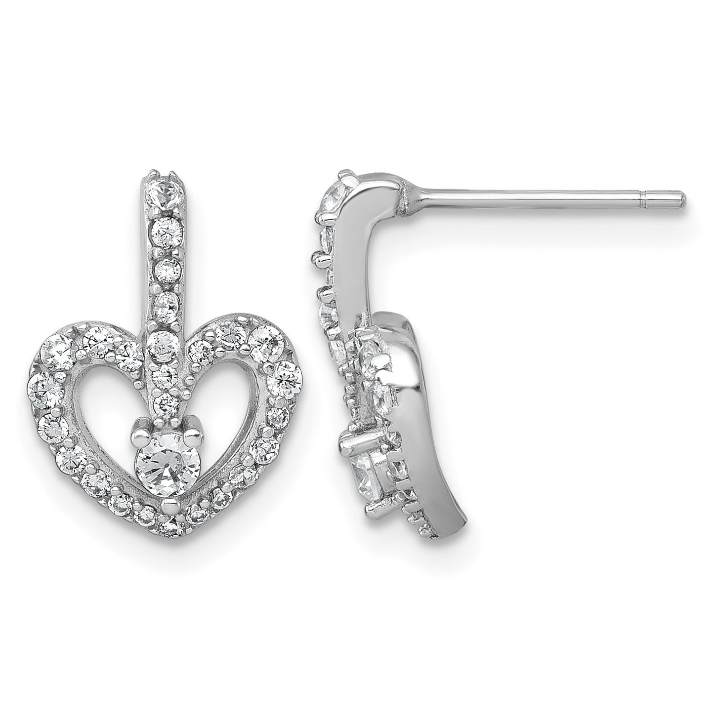 Sterling Silver Rhodium-plated Polished CZ Open Heart Post Earrings