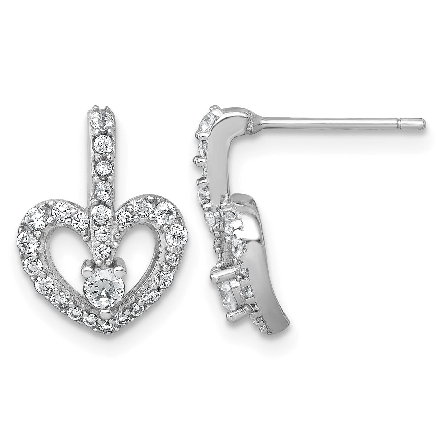 Sterling Silver Rhodium-plated Polished CZ Open Heart Post Earrings