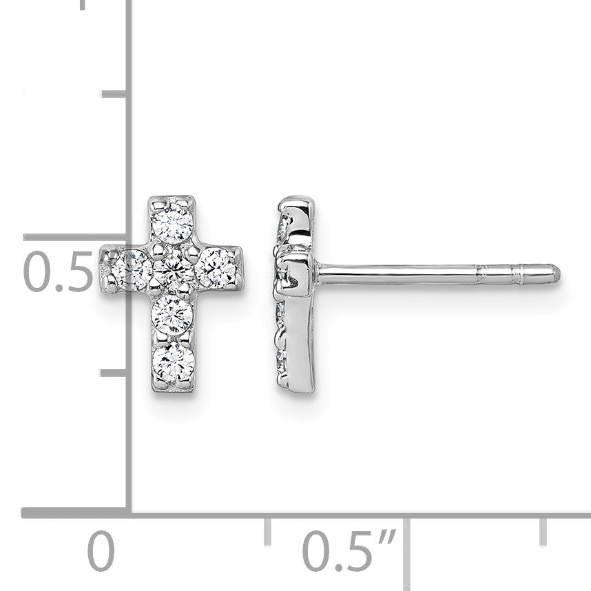 Sterling Silver Rhodium-plated Polished White CZ Cross Post Earrings