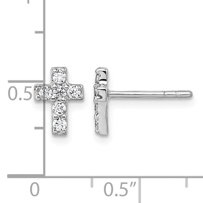 Sterling Silver Rhodium-plated Polished White CZ Cross Post Earrings