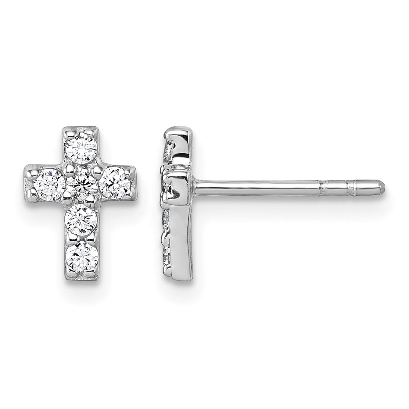 Sterling Silver Rhodium-plated Polished White CZ Cross Post Earrings
