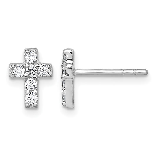 Sterling Silver Rhodium-plated Polished White CZ Cross Post Earrings