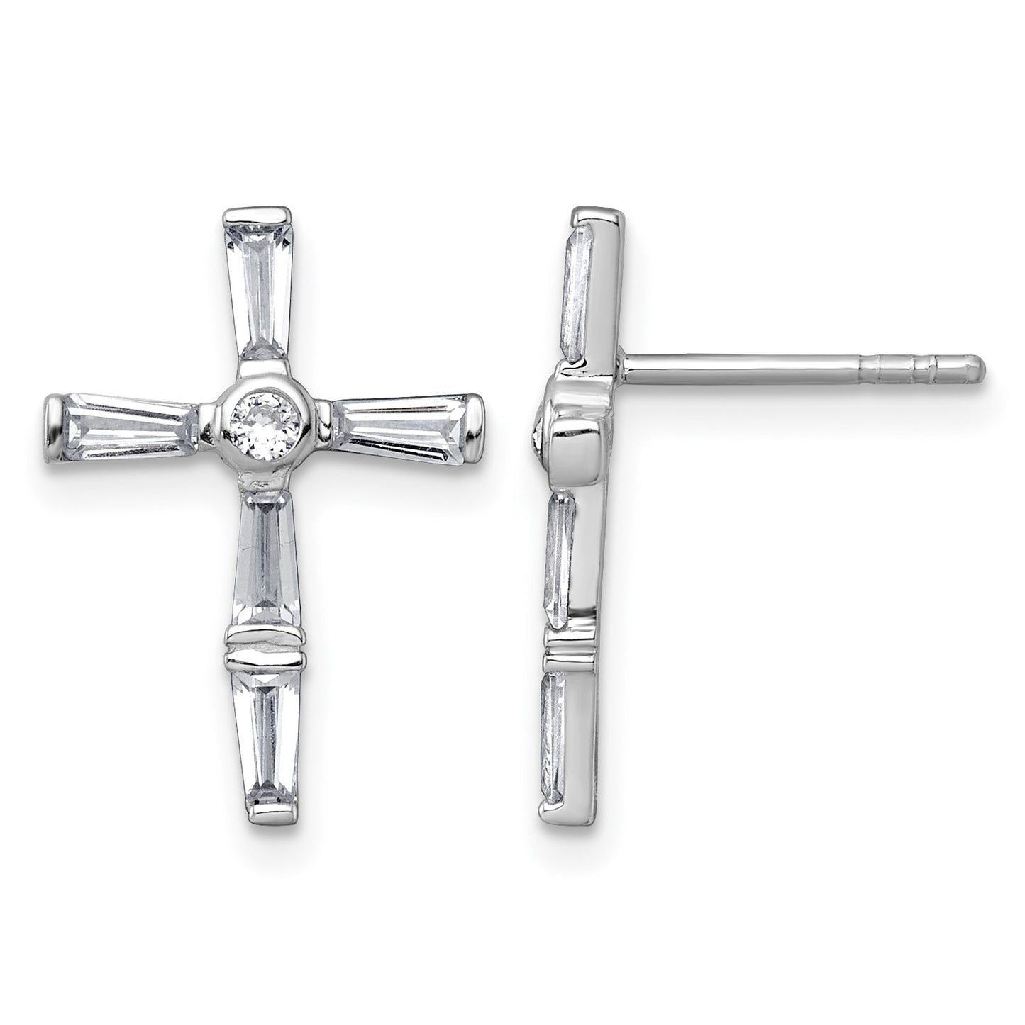 Sterling Silver Rhodium-plated Polished White Baguette CZ Cross Post Earrings
