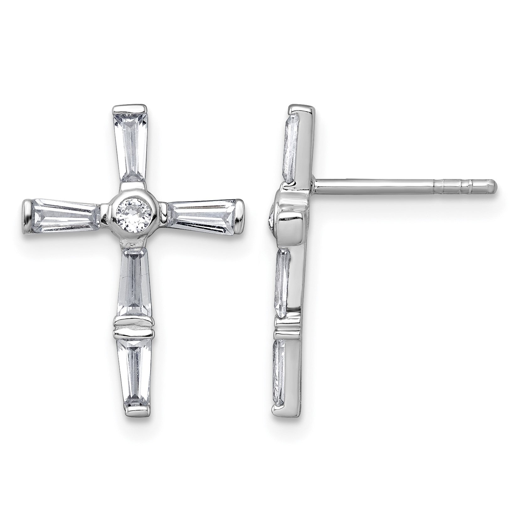 Sterling Silver Rhodium-plated Polished White Baguette CZ Cross Post Earrings