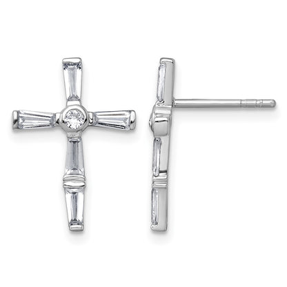 Sterling Silver Rhodium-plated Polished White Baguette CZ Cross Post Earrings
