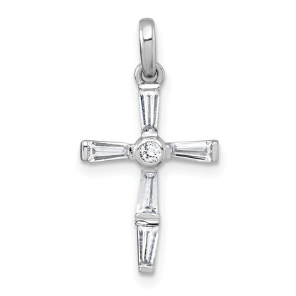 Sterling Silver Rhodium-plated Polished White Baguette CZ Cross Pendant