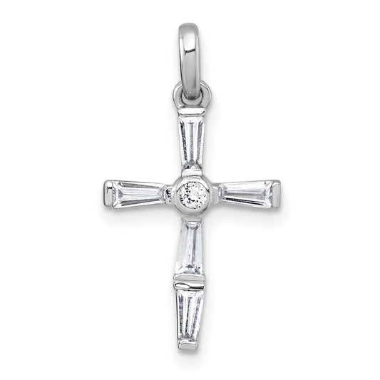 Sterling Silver Rhodium-plated Polished White Baguette CZ Cross Pendant