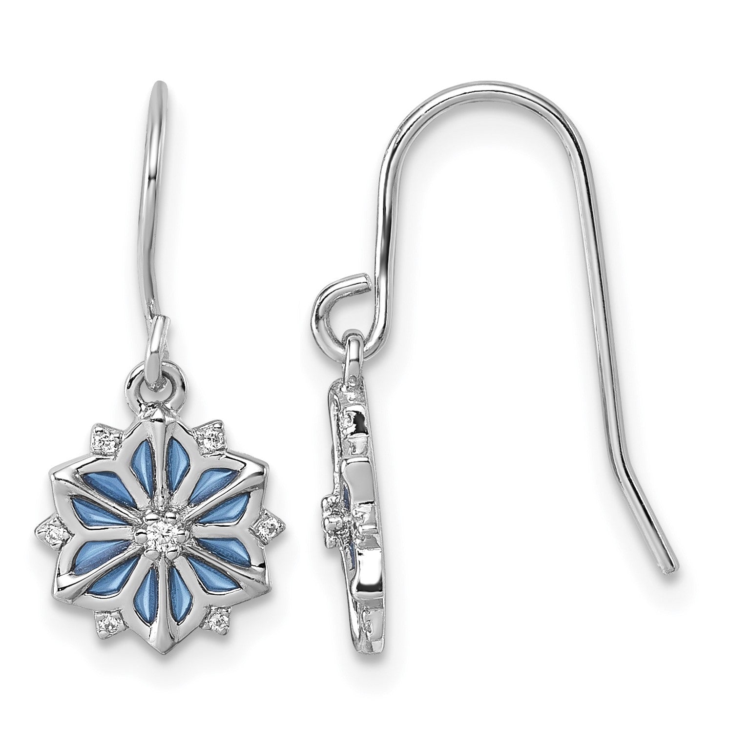 Sterling Silver Rhodium-plated Blue Enamel and White CZ Snowflake Dangle Earrings