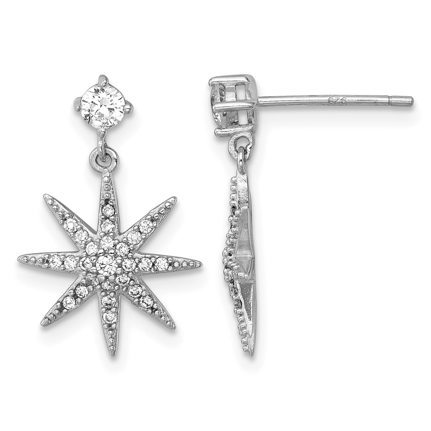 Sterling Silver Rhodium-plated Polished CZ Star Post Dangle Earrings