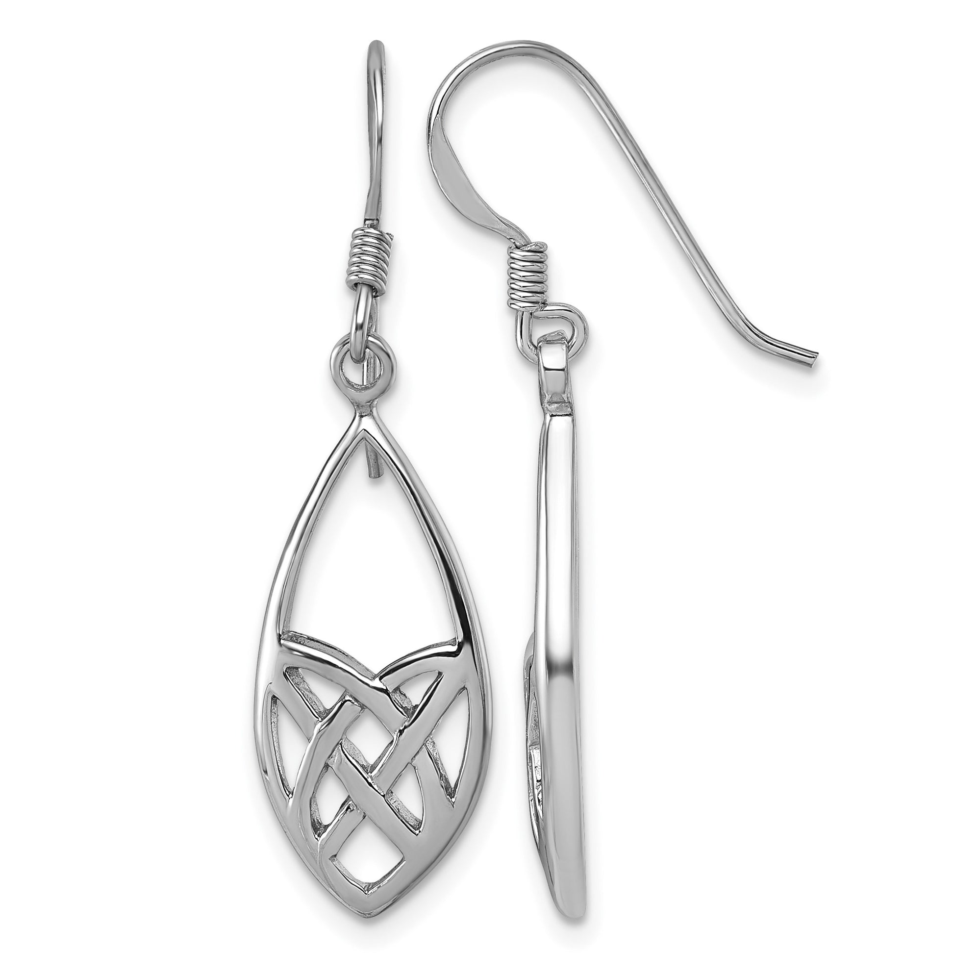 Sterling Silver Rhodium-plated Polished Fancy Celtic Design Dangle Shepherd Hook Earrings