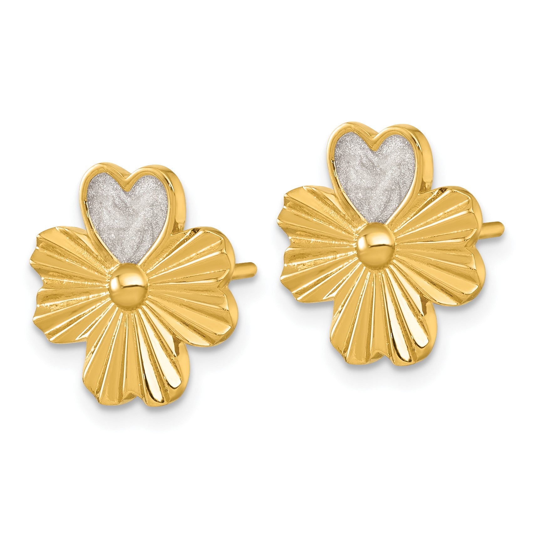 Sterling Silver Gold-tone Polished with White Enamel Lucky 4-Leaf Clover Post Earrings