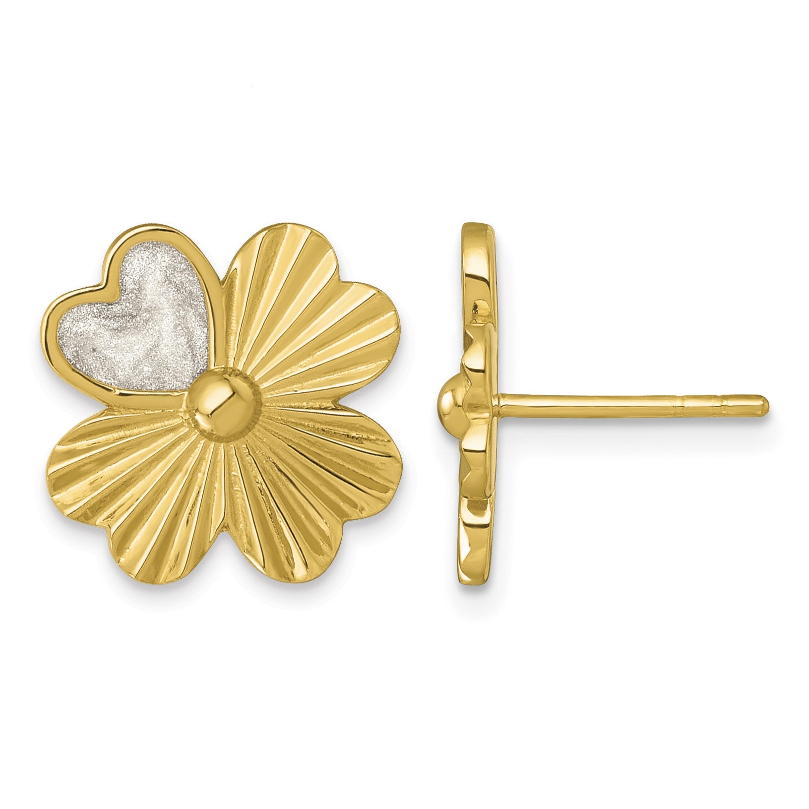 Sterling Silver Gold-tone Polished with White Enamel Lucky 4-Leaf Clover Post Earrings