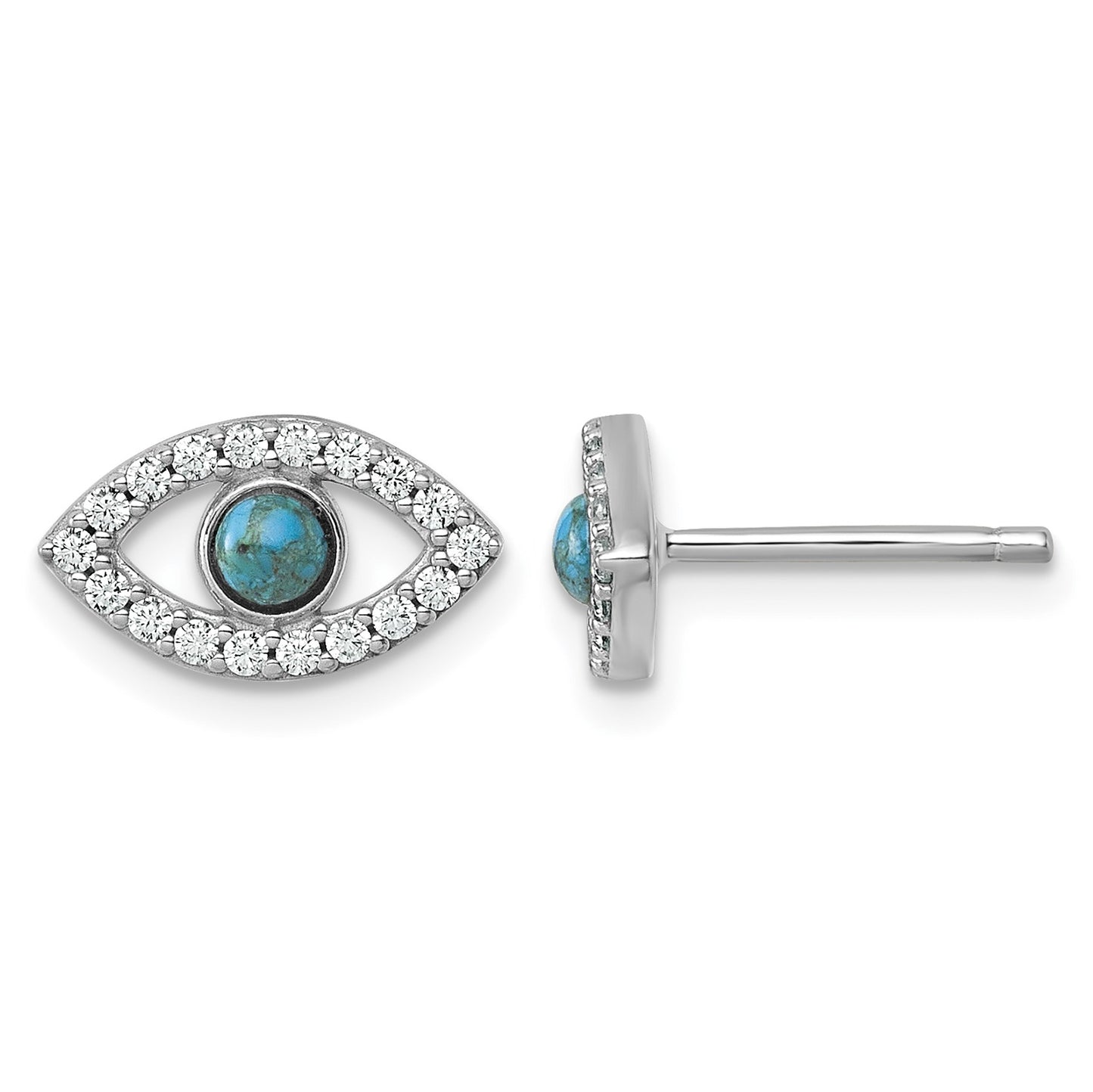 Sterling Silver Rhodium-plated Polished CZ and Compressed Turquoise Cabochon Evil Eye Post Earrings