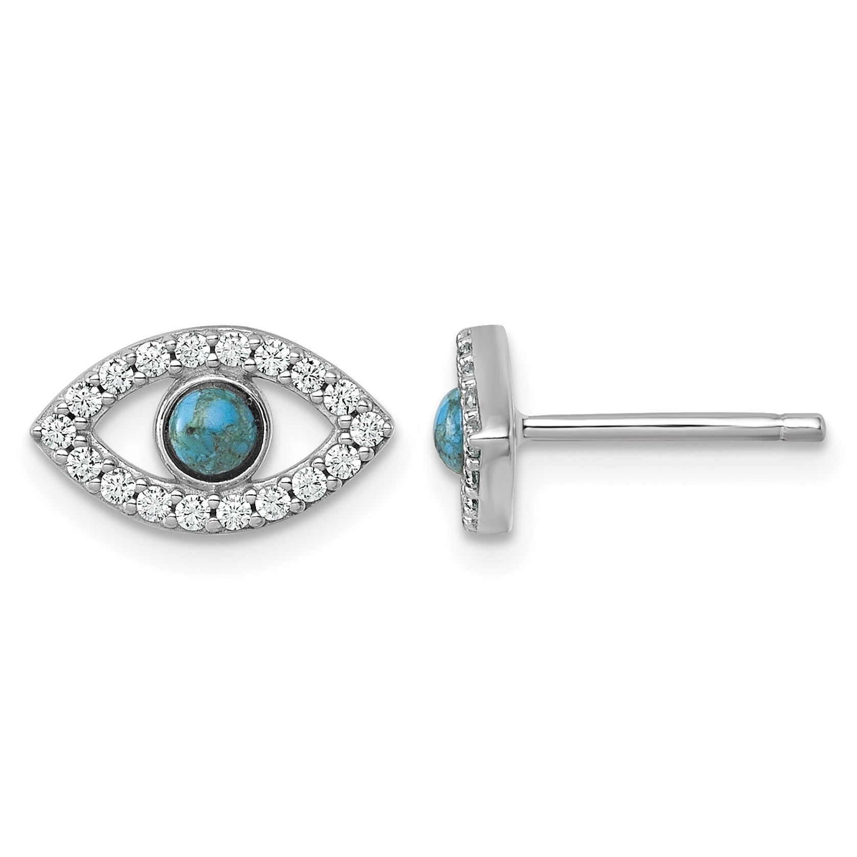 Sterling Silver Rhodium-plated Polished CZ and Compressed Turquoise Cabochon Evil Eye Post Earrings
