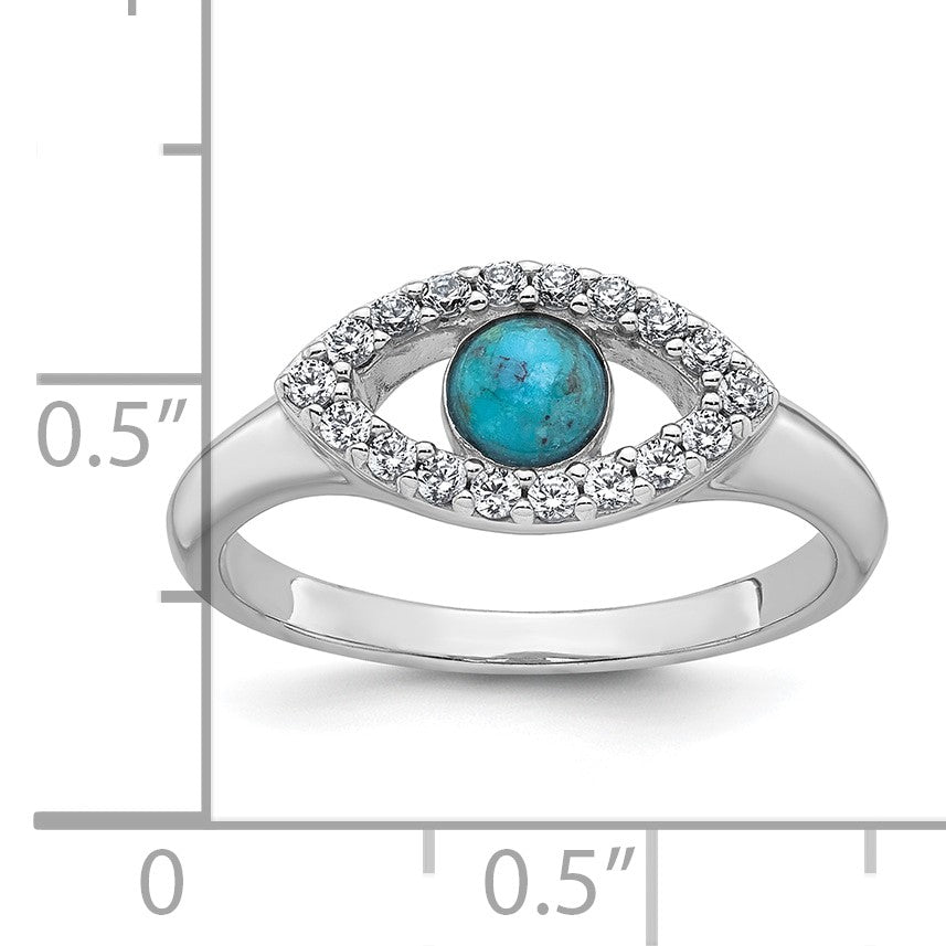 Sterling Silver Rhodium-plated Polished CZ and Compressed Turquoise Cabochon Evil Eye Size 7 Ring