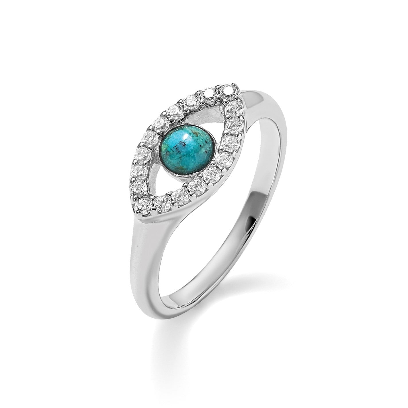 Sterling Silver Rhodium-plated Polished CZ and Compressed Turquoise Cabochon Evil Eye Size 7 Ring