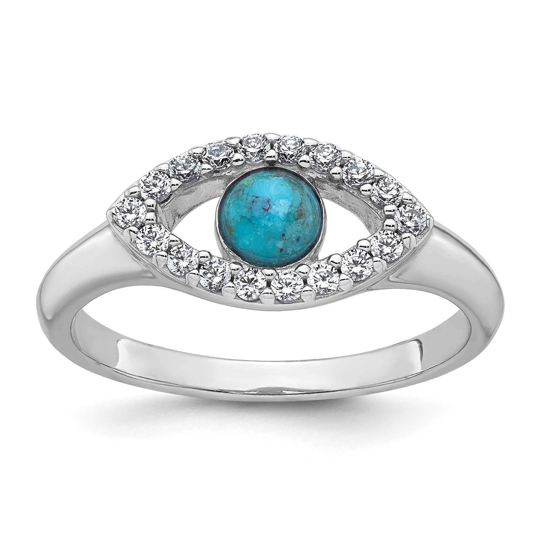 Sterling Silver Rhodium-plated Polished CZ and Compressed Turquoise Cabochon Evil Eye Size 7 Ring