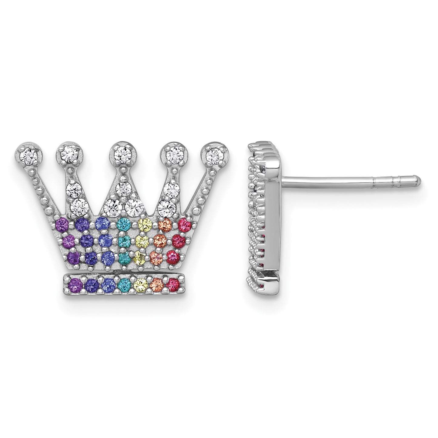 Sterling Silver Rhodium-plated Polished Rainbow Nano Crystals Crown Post Earrings